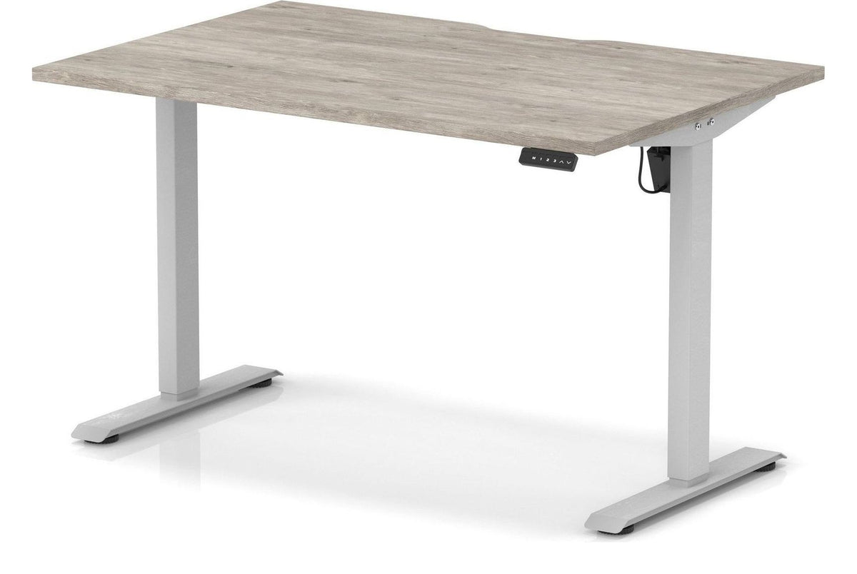 Impulse Air lite scalloped edge sit-stand desk, 1200 x 800, silver frame, grey oak top