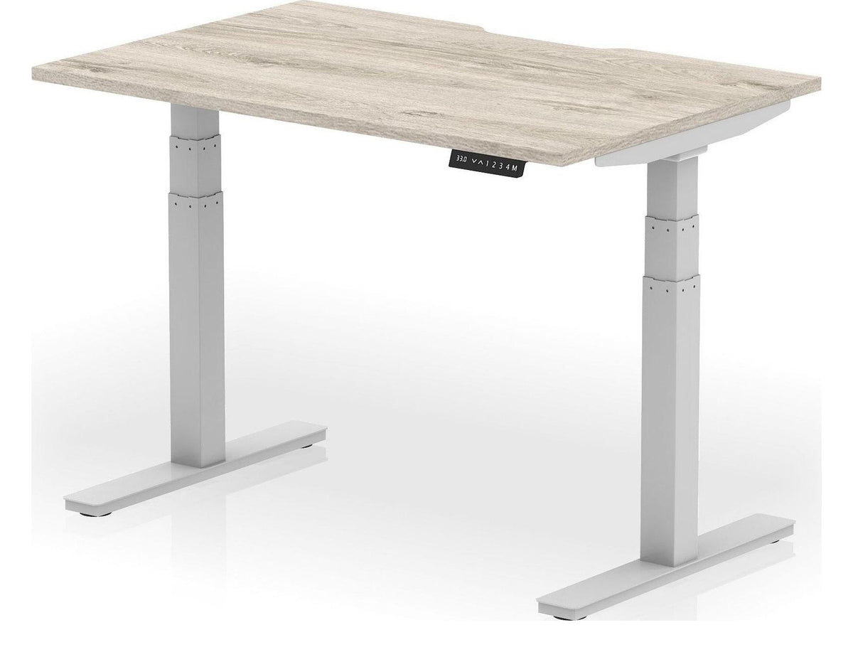 Impulse Air scalloped edge sit-stand desk, 1200 x 800, silver frame, grey oak top