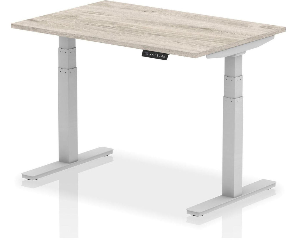 Impulse Air sit-stand desk, grey oak top, silver frame, no cable ports