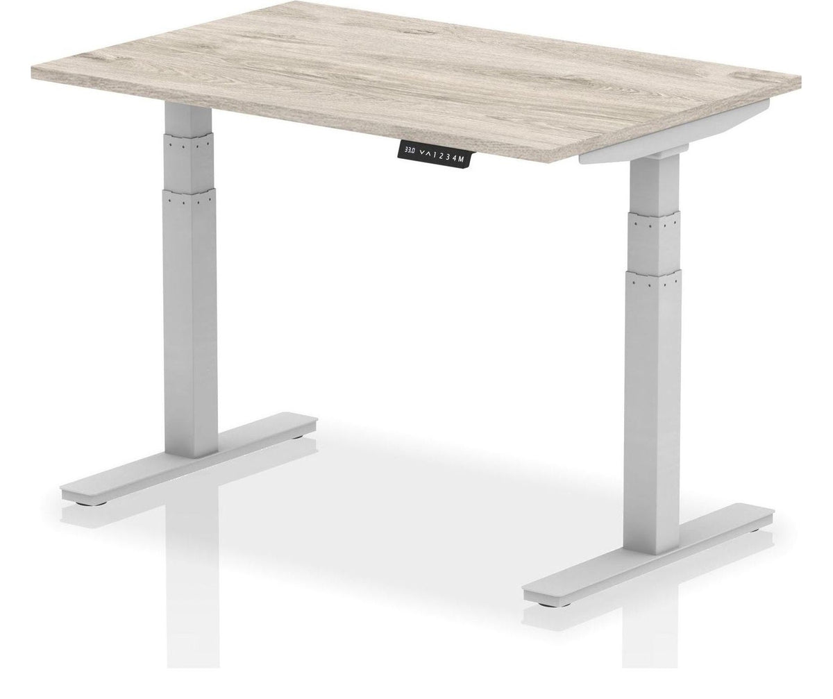 Impulse Air sit-stand desk, grey oak top, silver frame, no cable ports