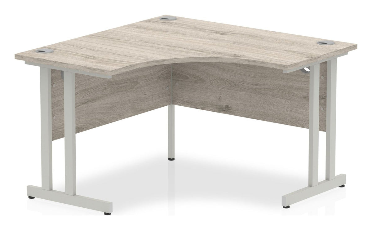 Impulse call centre 90 degree desk with cantilever legs, silver frame, grey oak top
