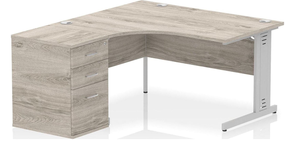 Impulse crescent desk with cable managed legs and desk high pedestal, 1400 x 1200, left hand, silver frame, grey oak top