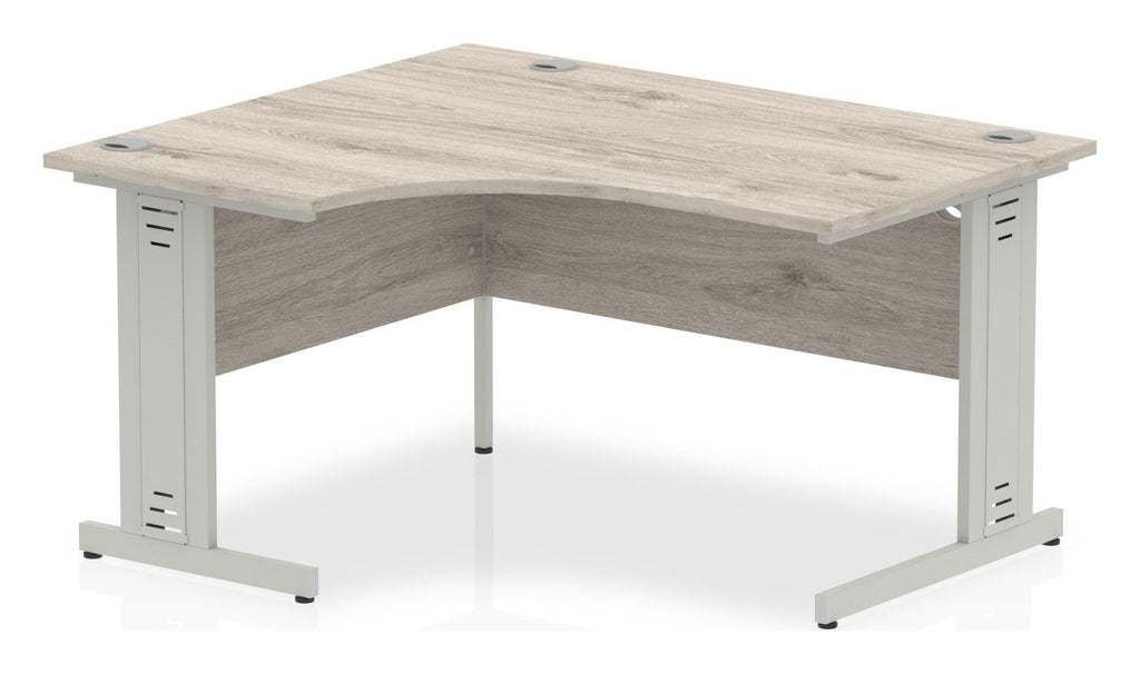 Impulse crescent desk with cable managed legs, 1400 x 1200, left hand, silver frame, grey oak top