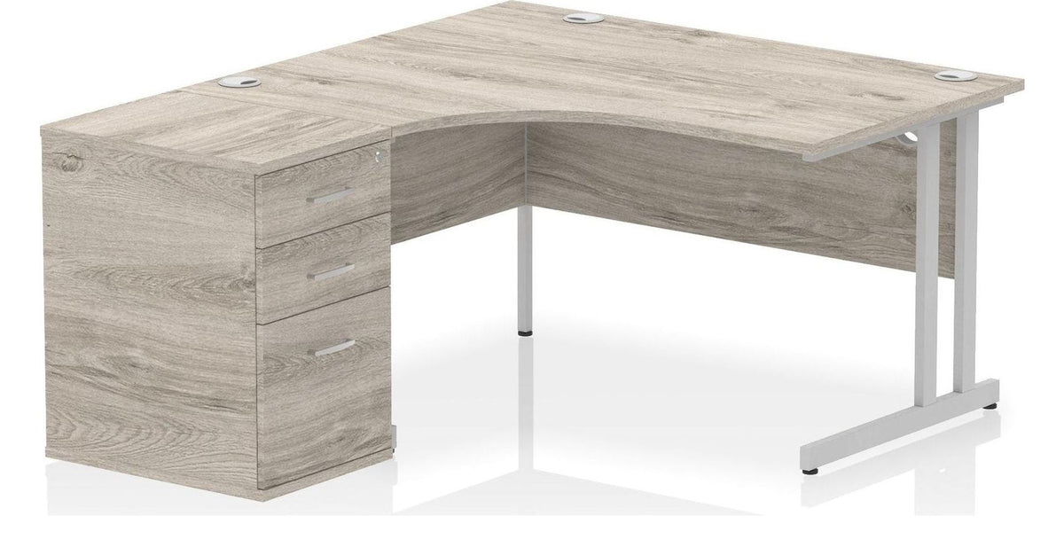 Impulse crescent desk with cantilever legs and desk high pedestal, 1400mm wide - left hand, silver frame, grey oak top