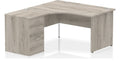 Impulse crescent desk with panel legs and desk high pedestal, 1400mm wide - left hand, grey oak top