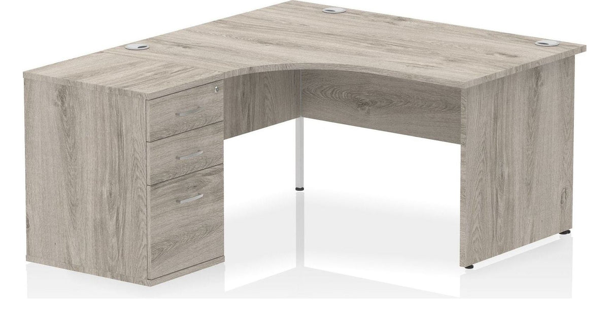 Impulse crescent desk with panel legs and desk high pedestal, 1400mm wide - left hand, grey oak top