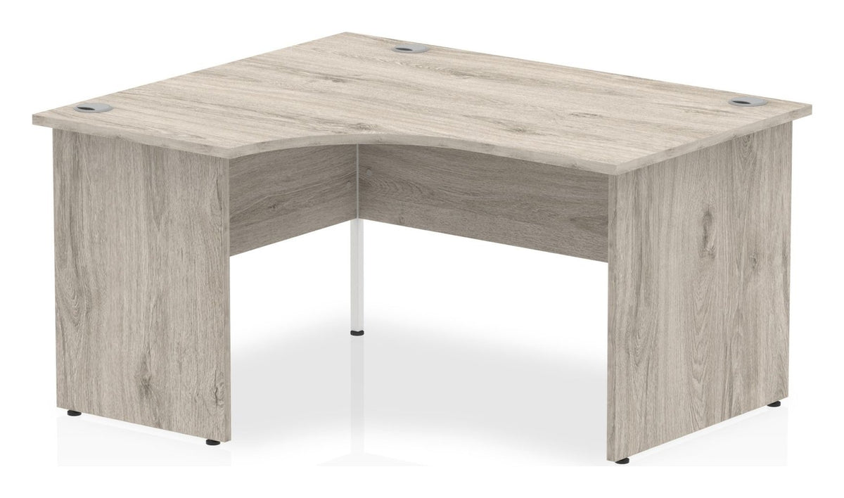 Impulse crescent desk with panel legs, 1400 x 1200, left hand, matching panel legs, grey oak top