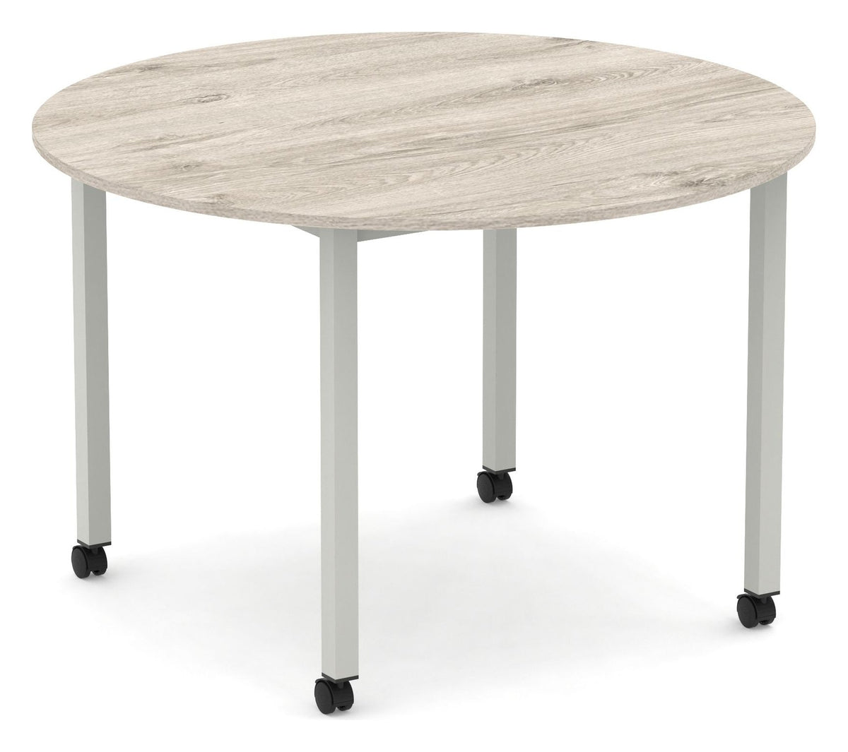Impulse mobile round meeting table with box frame on castors, 1200mm diameter, grey oak top