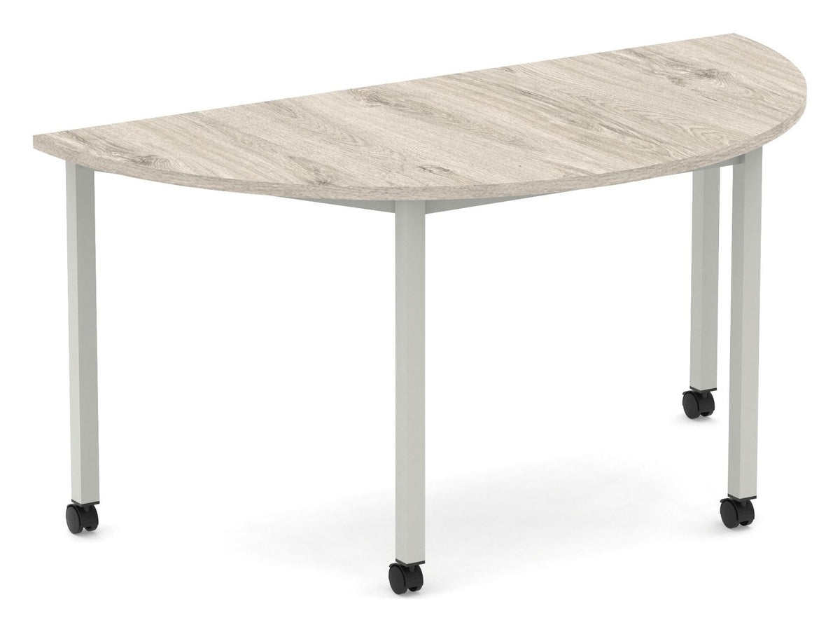 Impulse mobile semi-circle meeting table with box frame on castors, 1600 x 800, grey oak top