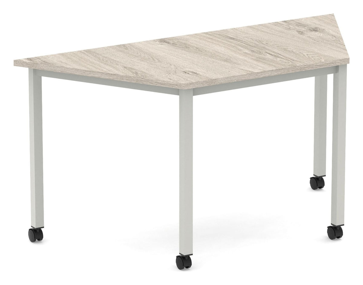 Impulse mobile trapezium meeting table with box frame on castors, 1600 x 695, grey oak top