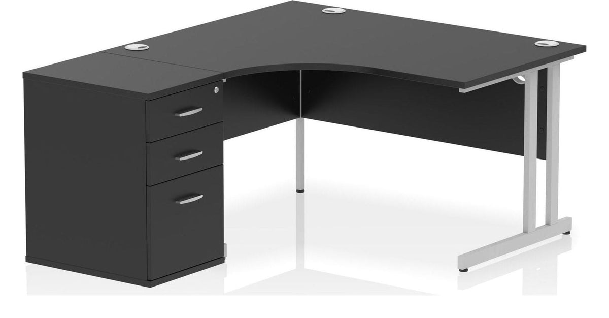 Impulse night crescent desk with cantilever legs and desk high pedestal, 1400mm wide - left hand, silver frame, black top