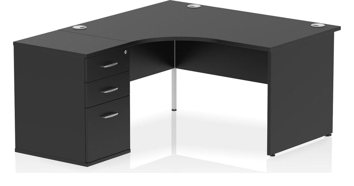 Impulse night crescent desk with panel legs and desk high pedestal, 1400mm wide - left hand, black top
