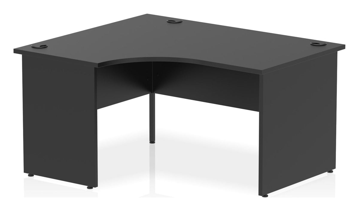 Impulse night crescent desk with panel legs, 1400 x 1200, left hand, matching panel legs, black top