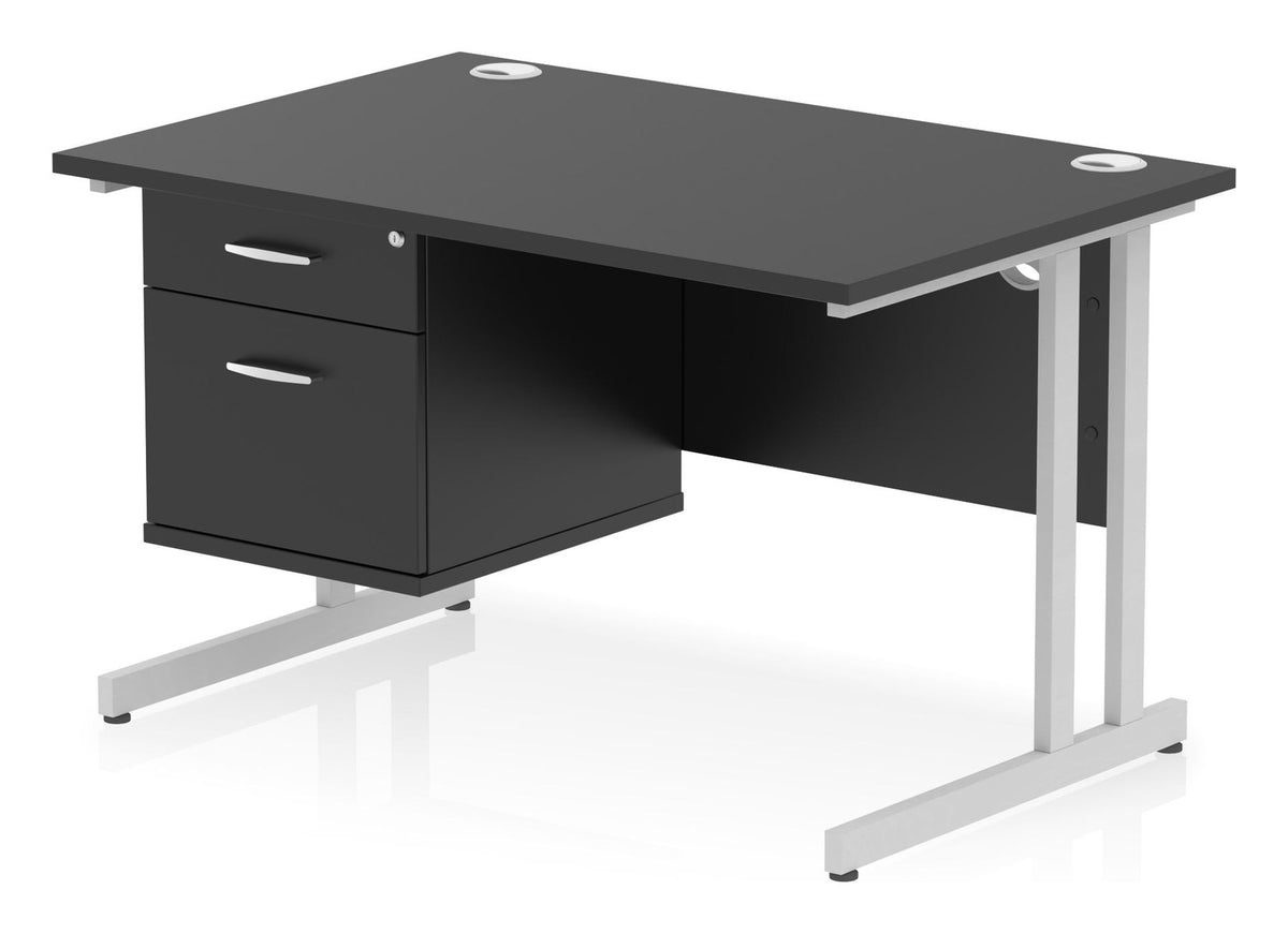 Impulse night straight desk with cantilever legs and fixed pedestal, 1200 x 800, 2 drawer pedestal, silver frame, black top