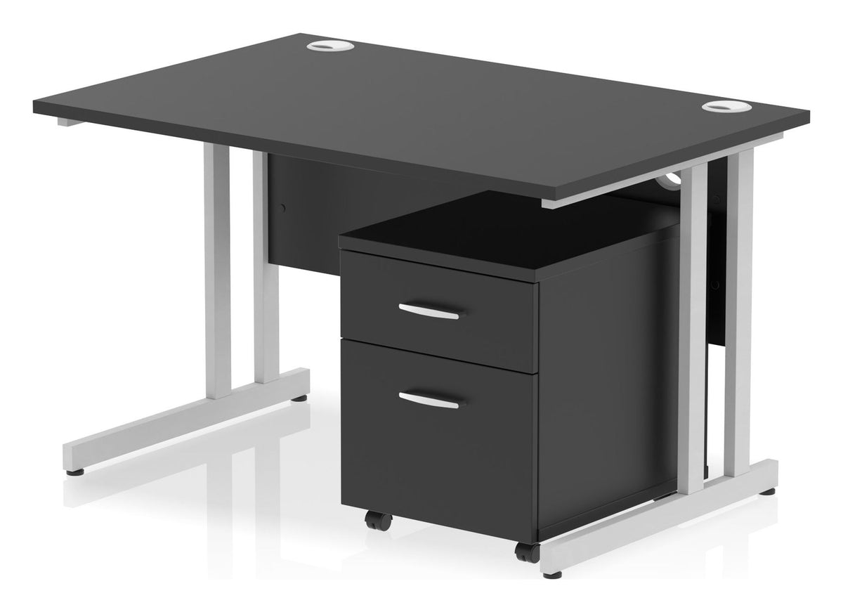 Impulse night straight desk with cantilever legs and mobile pedestal, 1200 x 800, 2 drawer pedestal, silver frame, black top