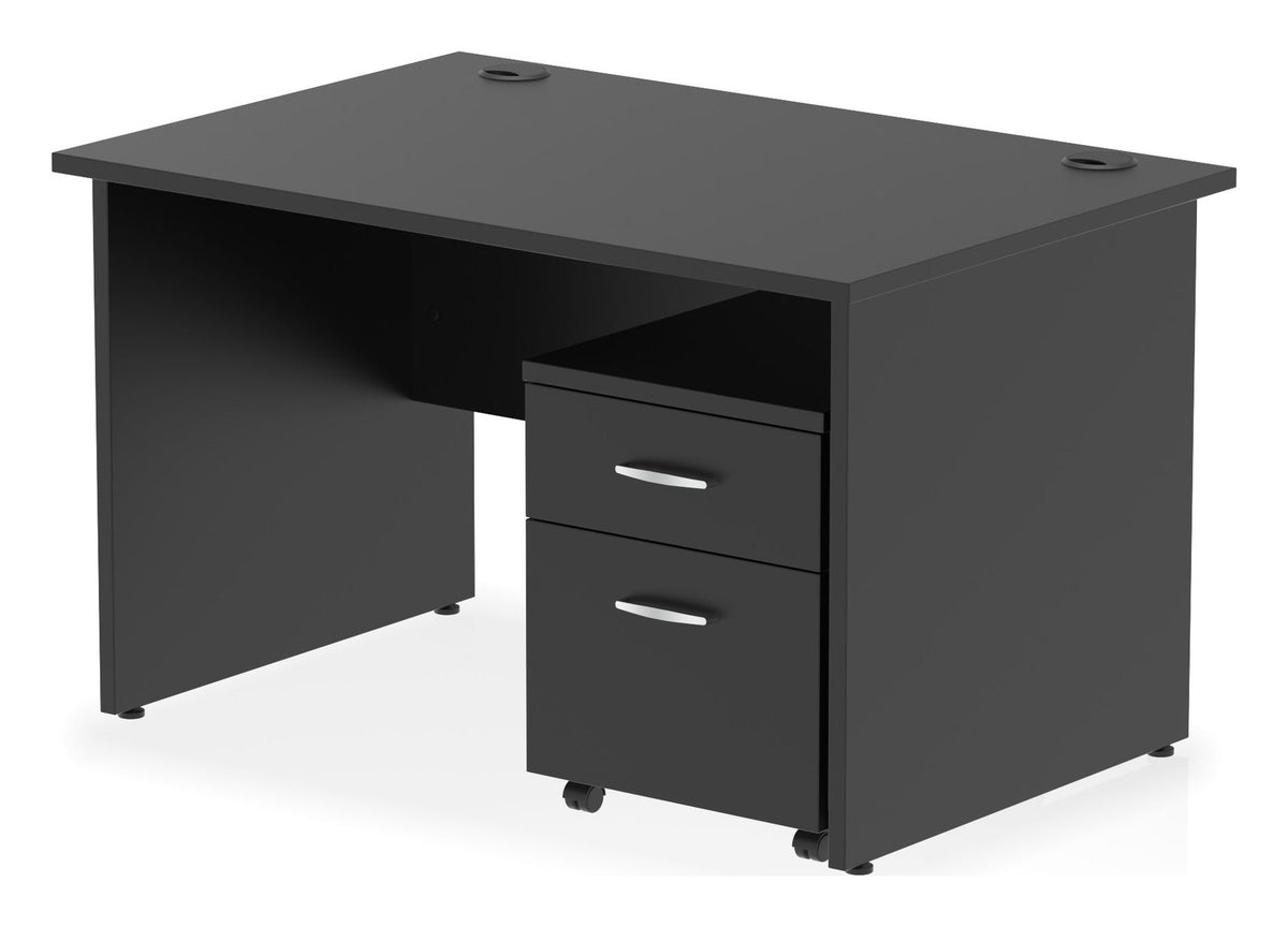 Impulse night straight desk with panel legs and mobile pedestal, 1200 x 800, 2 drawers, black top