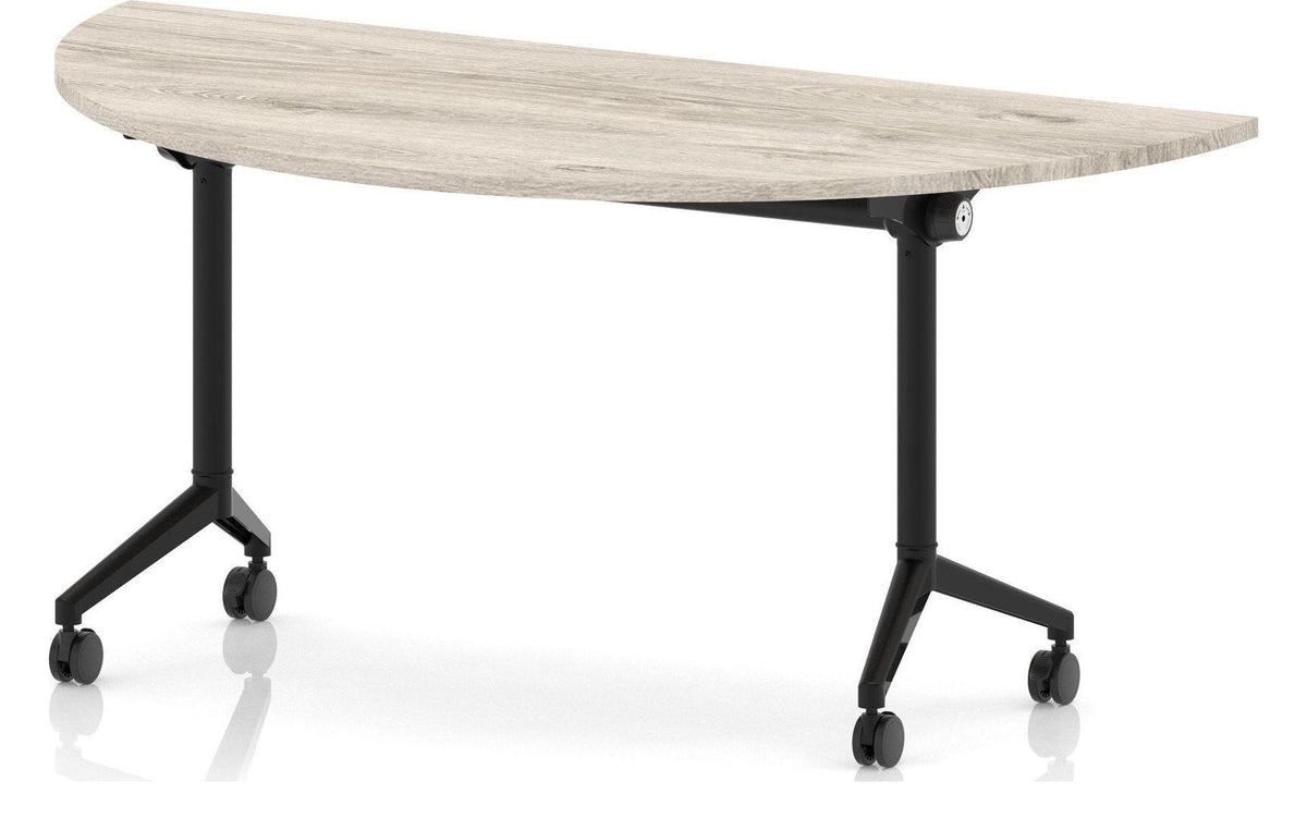 Impulse plus flip top semi-circle meeting table, black, grey oak top