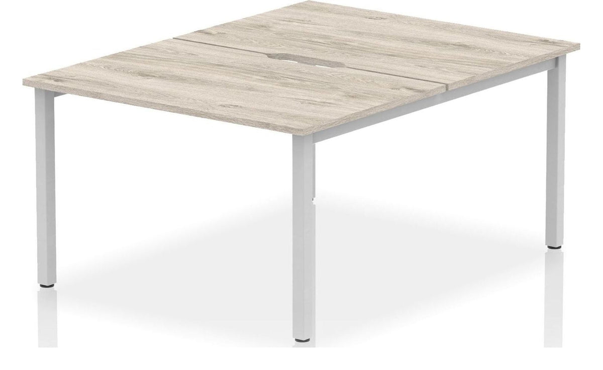 Impulse scalloped edge back-to-back bench desk, 1200mm wide desks (pod of 2), silver frame, grey oak top