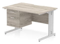 Impulse scalloped edge straight desk with cable managed legs and fixed pedestal, 1200 x 800, 2 drawer pedestal, silver frame, grey oak top