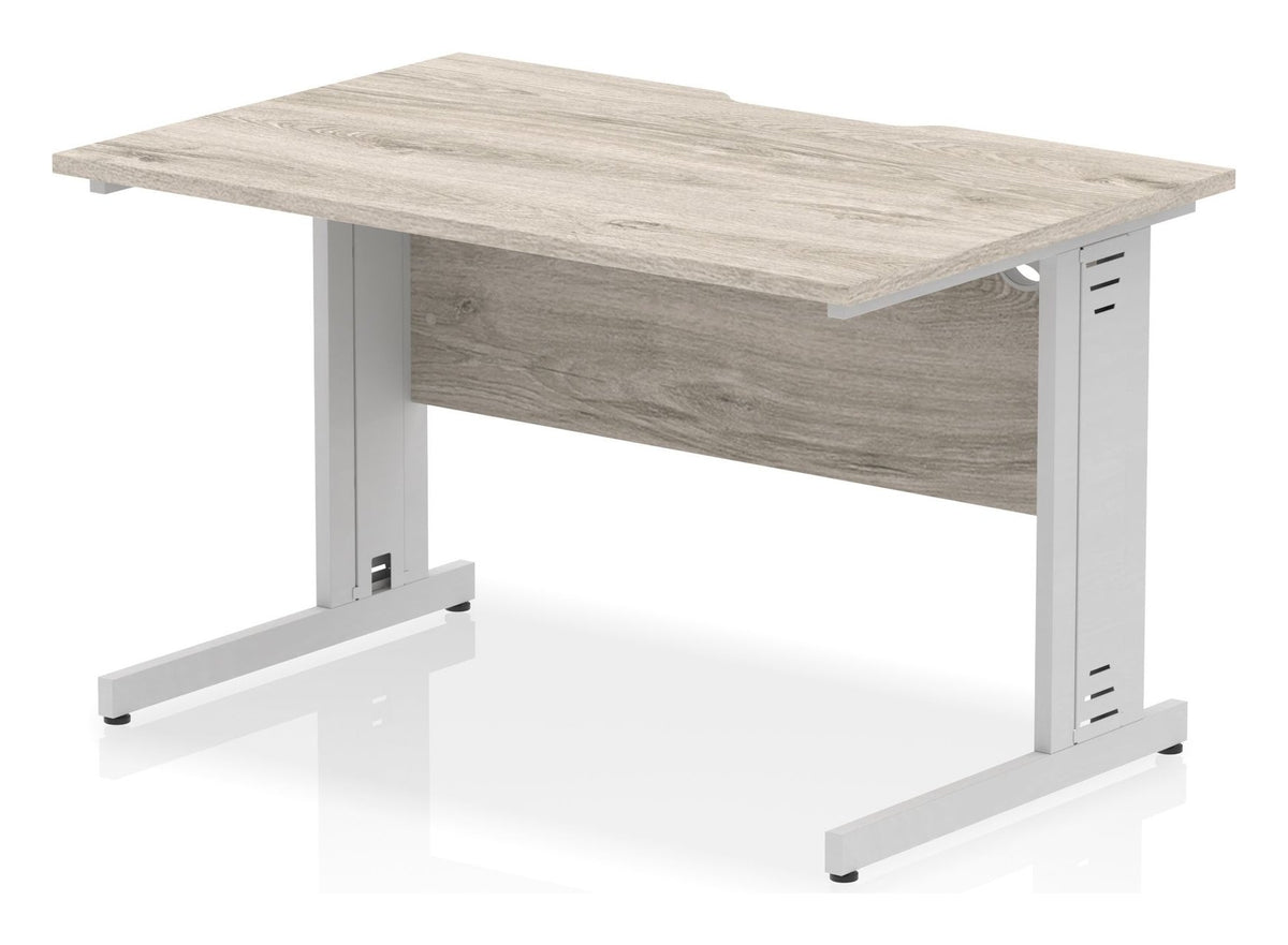Impulse scalloped edge straight desk with cable managed legs, 1200 x 800, silver frame, grey oak top