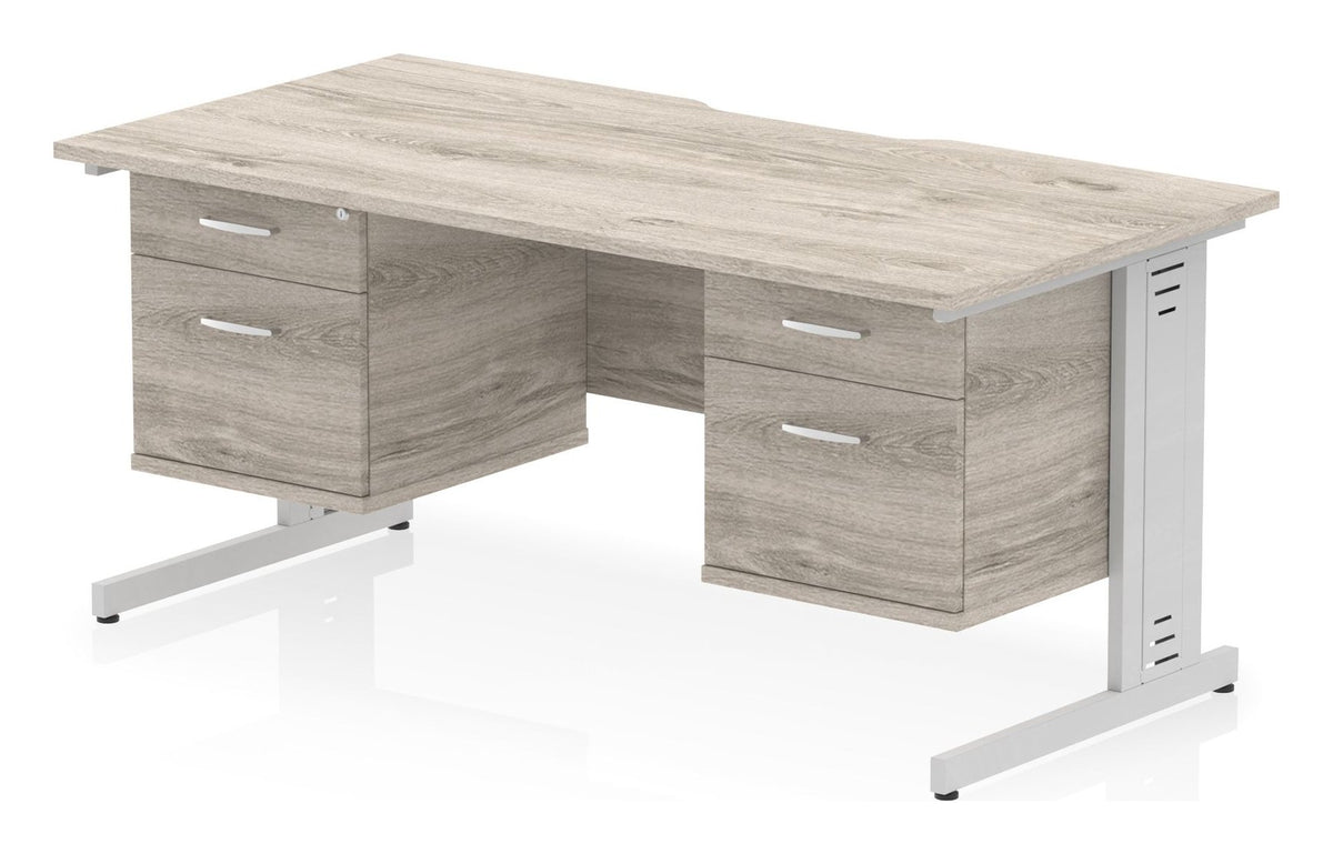 Impulse scalloped edge straight desk with cable managed legs and two fixed pedestals, 1600 x 800, two 2 drawer pedestals, silver frame, grey oak top
