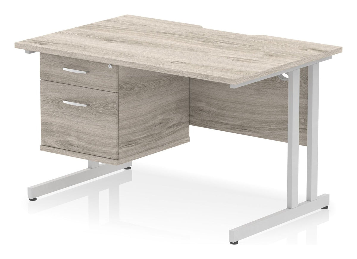 Impulse scalloped edge straight desk with cantilever legs and fixed pedestal, 1200 x 800, 2 drawer pedestal, silver frame, grey oak top
