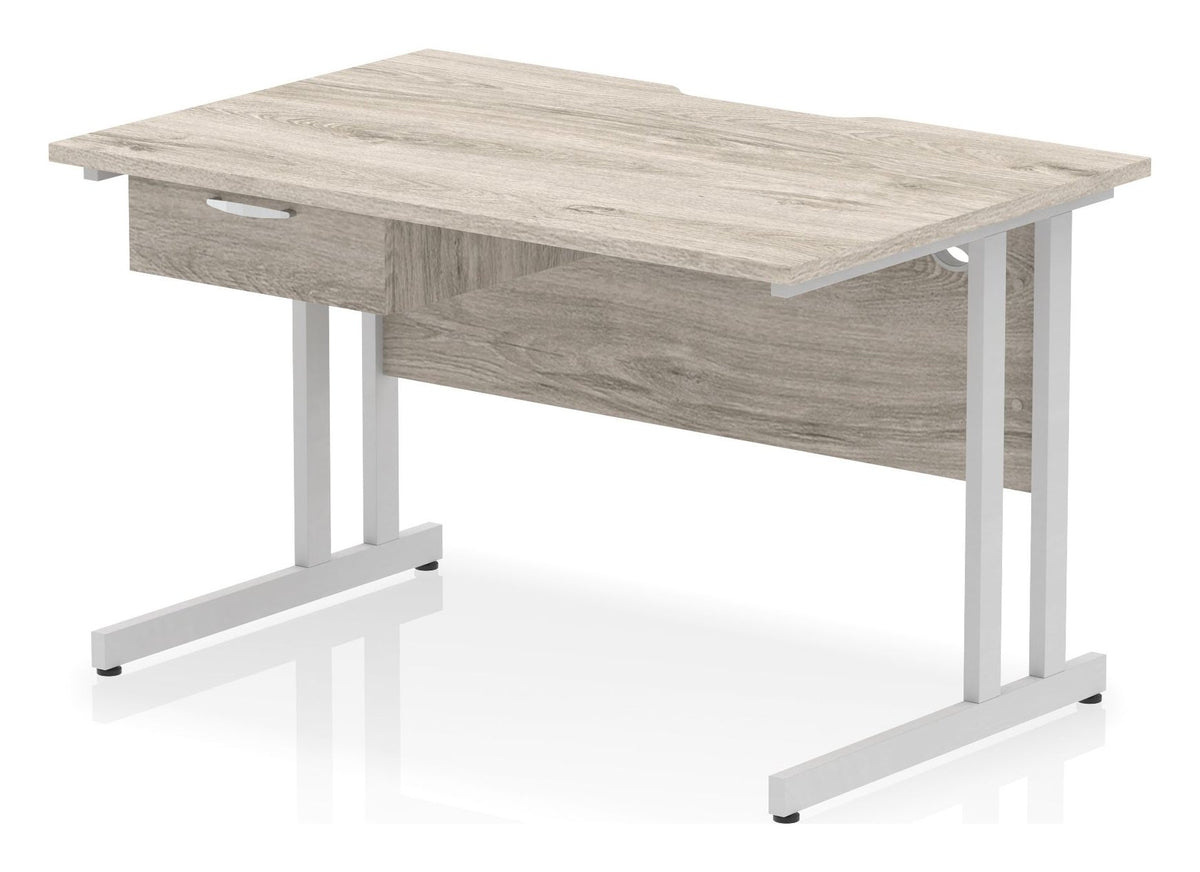 Impulse scalloped edge straight desk with cantilever legs and a one drawer pedestal, 1200 x 800, silver frame, grey oak top