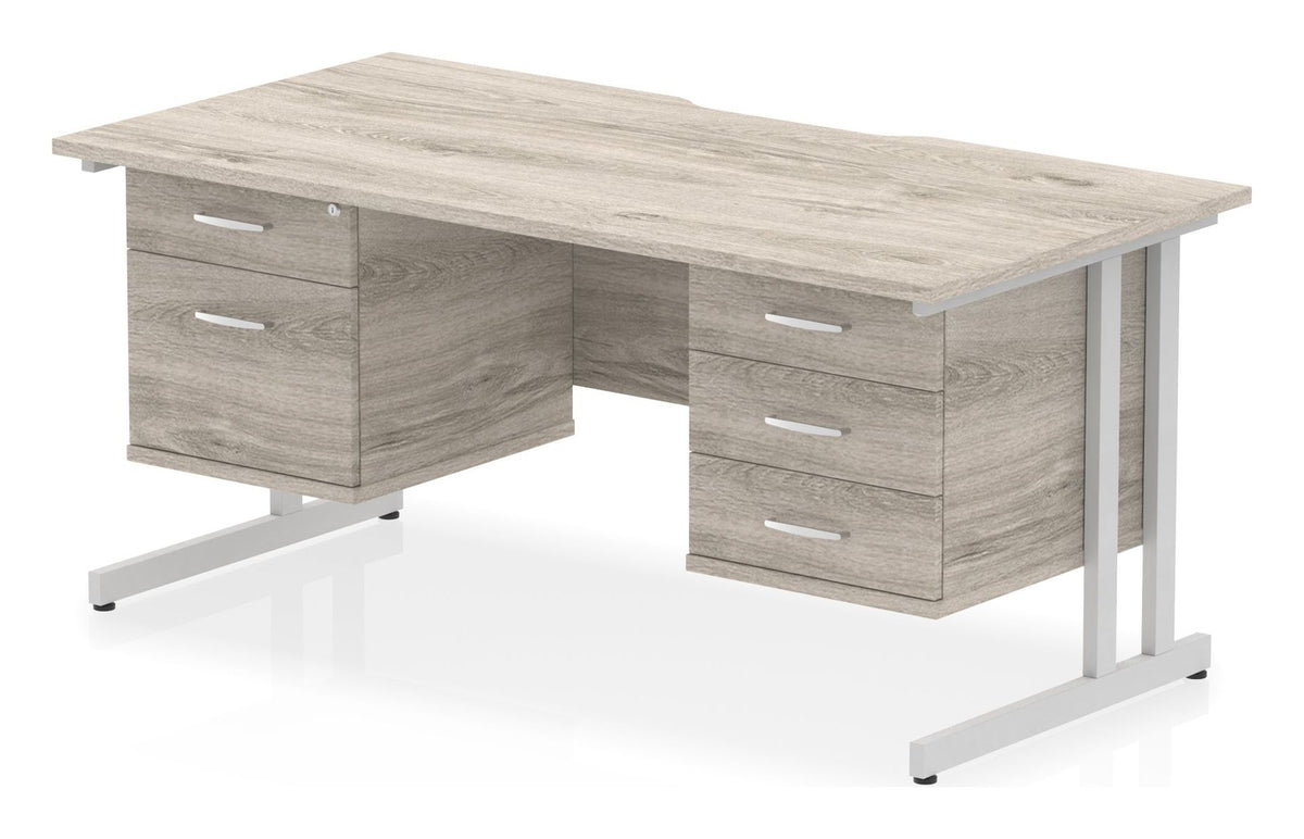 Impulse scalloped edge straight desk with cantilever legs and two fixed pedestals, 1600 x 800, a 2 and a 3 drawer pedestal, silver frame, grey oak top