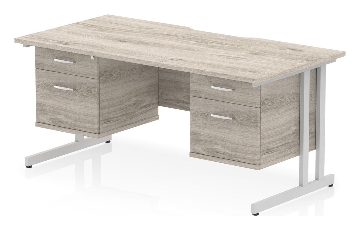 Impulse scalloped edge straight desk with cantilever legs and two fixed pedestals, 1600 x 800, two 2 drawer pedestals, silver frame, grey oak top