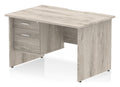 Impulse scalloped edge straight desk with panel legs and fixed pedestal, 1200 x 800, 2 drawer pedestal, matching panel legs, grey oak top