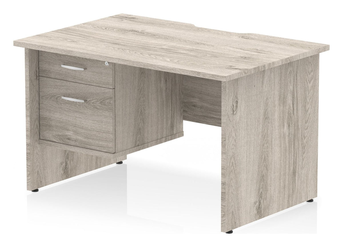Impulse scalloped edge straight desk with panel legs and fixed pedestal, 1200 x 800, 2 drawer pedestal, matching panel legs, grey oak top