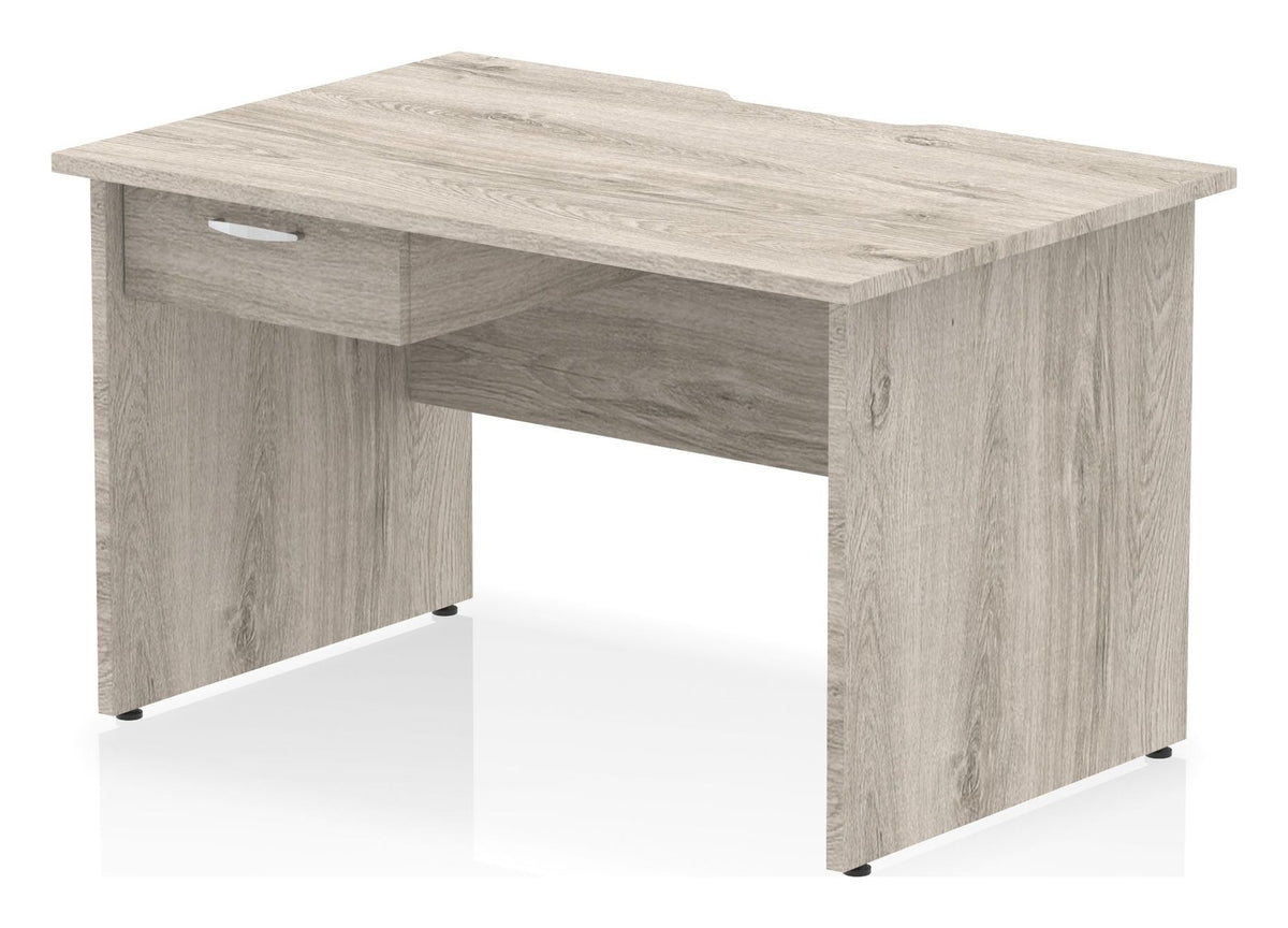 Impulse scalloped edge straight desk with panel legs and a one drawer pedestal, 1200 x 800, matching panel legs, grey oak top