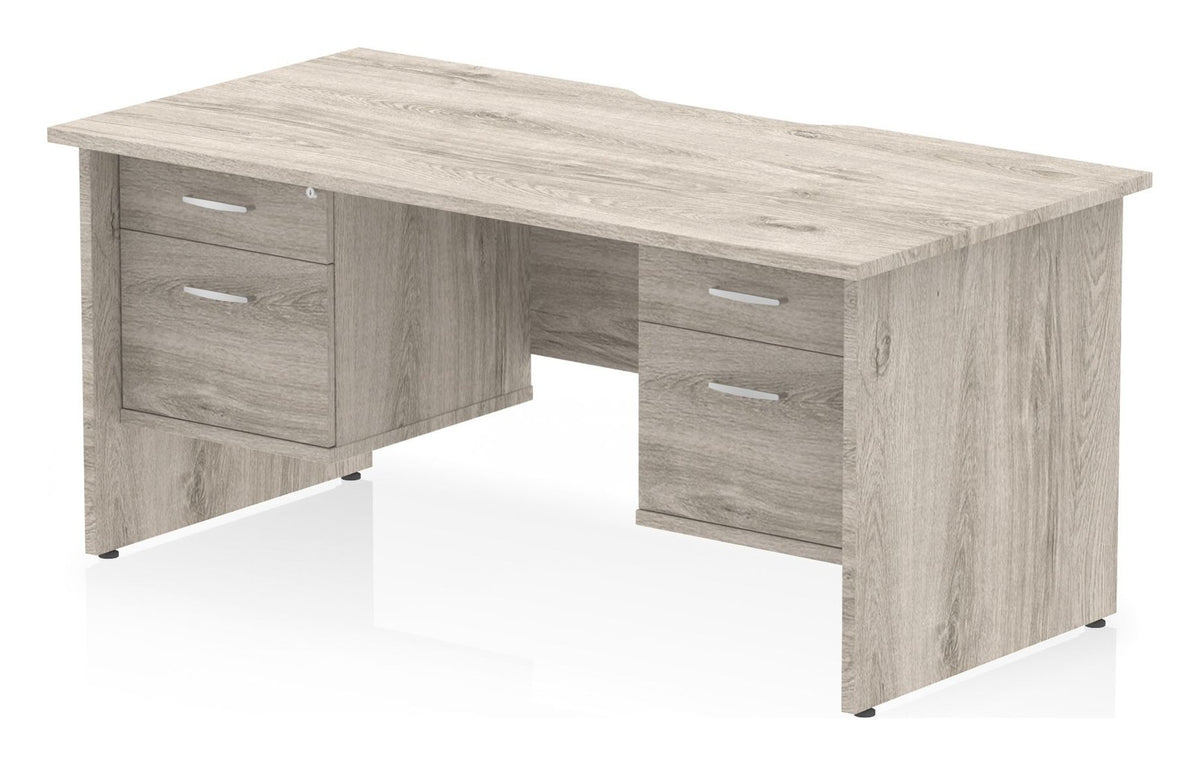 Impulse scalloped edge straight desk with panel legs and two fixed pedestals, 1600 x 800, two 2 drawer pedestals, matching panel legs, grey oak top