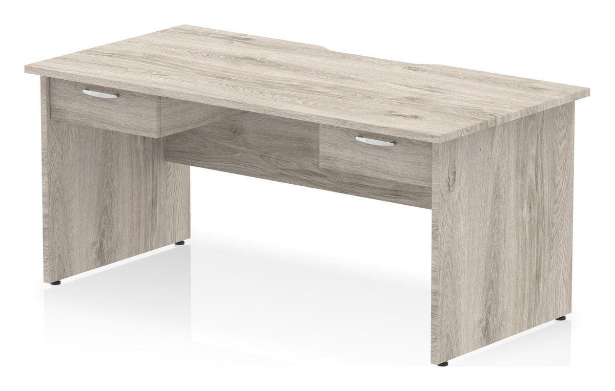 Impulse scalloped edge straight desk with panel legs and two one drawer pedestals, 1600 x 800, matching panel legs, grey oak top