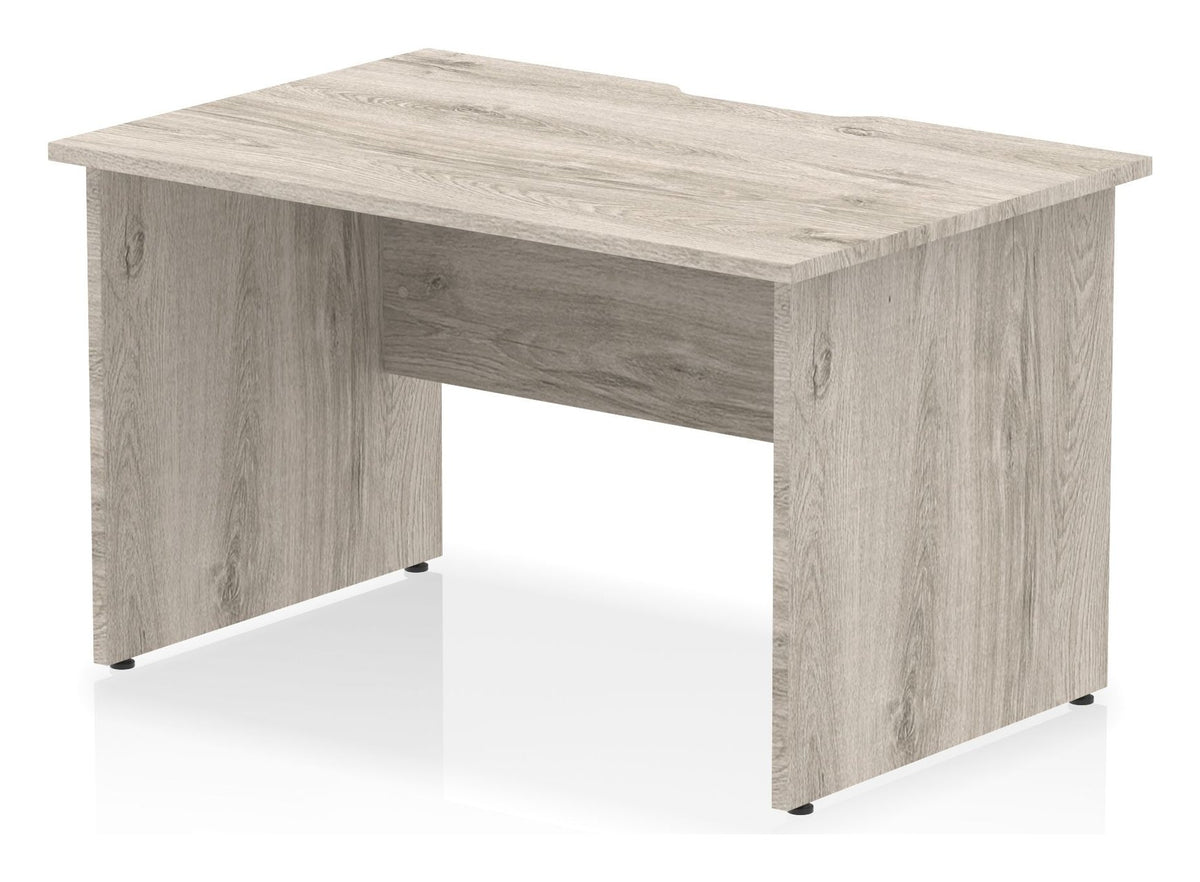 Impulse scalloped edge straight desk with panel legs, 1200 x 800, matching panel legs, grey oak top