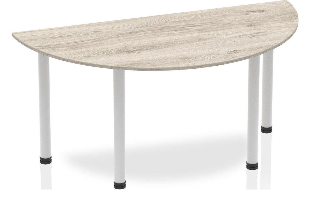Impulse semi-circle meeting table with post legs, 1600 x 800, silver, grey oak top