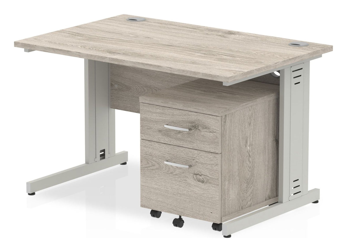 Impulse straight desk with cable managed legs and mobile pedestal, 1200 x 800, 2 drawer pedestal, silver frame, grey oak top