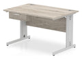 Impulse straight desk with cable managed legs and a one drawer pedestal, 1200 x 800, silver frame, grey oak top
