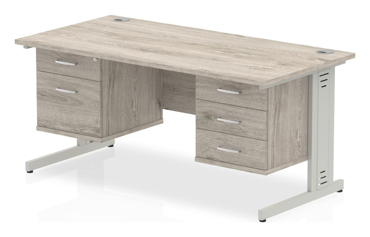 Impulse straight desk with cable managed legs and two fixed pedestals, 1600 x 800, a 2 and a 3 drawer pedestal, silver frame, grey oak top