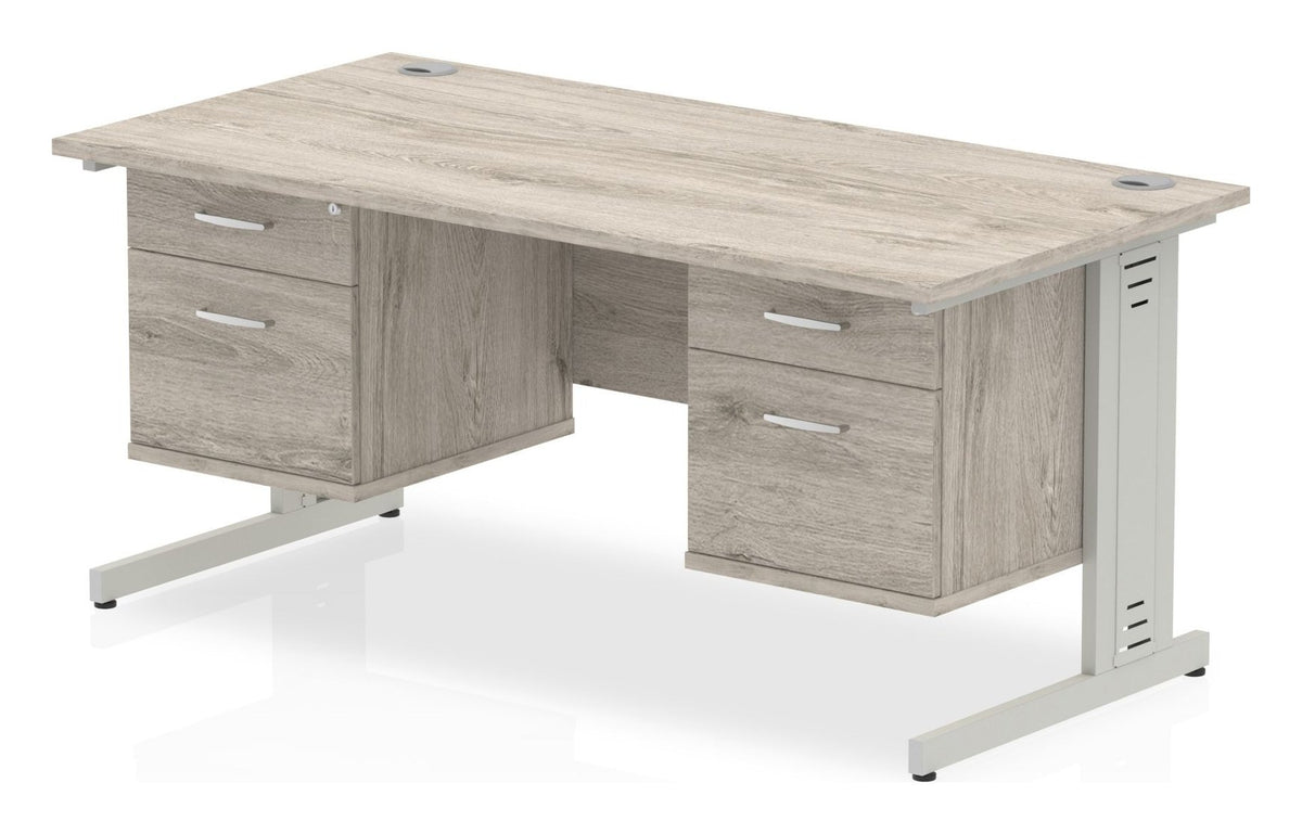 Impulse straight desk with cable managed legs and two fixed pedestals, 1600 x 800, two 2 drawer pedestals, silver frame, grey oak top