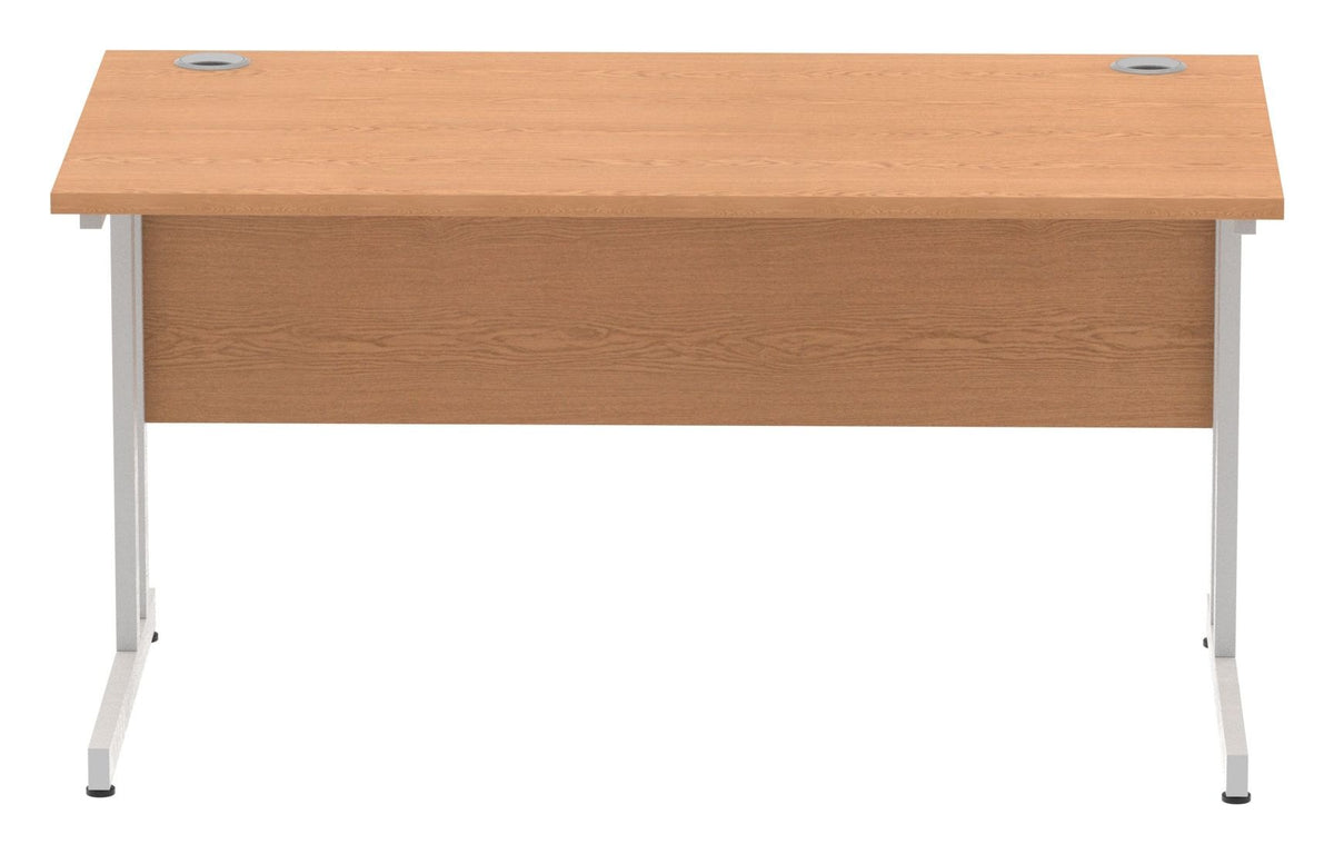 Impulse straight desk with cantilever legs, oak top, silver frame, view from the front