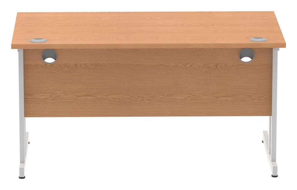 Impulse straight desk with cantilever legs, oak top, silver frame, view from the back