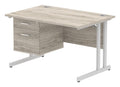 Impulse straight desk with cantilever legs and fixed pedestal, 1200 x 800, 2 drawer pedestal, silver frame, grey oak top