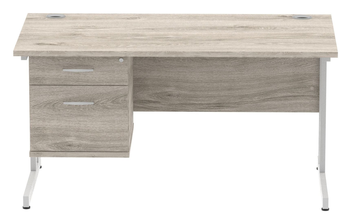 Impulse straight desk with cantilever legs and fixed pedestal, 1400 x 800, 2 drawer pedestal, silver frame, grey oak top, another view 1