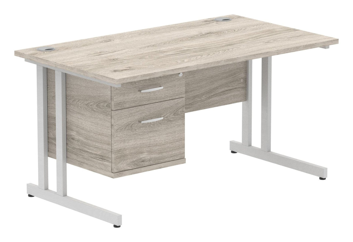Impulse straight desk with cantilever legs and fixed pedestal, 1400 x 800, 2 drawer pedestal, silver frame, grey oak top, another view 2