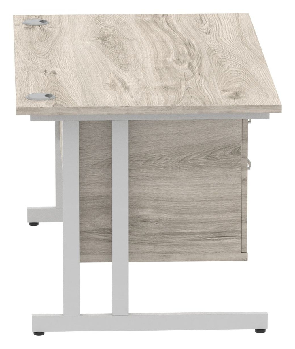 Impulse straight desk with cantilever legs and fixed pedestal, 1400 x 800, 2 drawer pedestal, silver frame, grey oak top, another view 3
