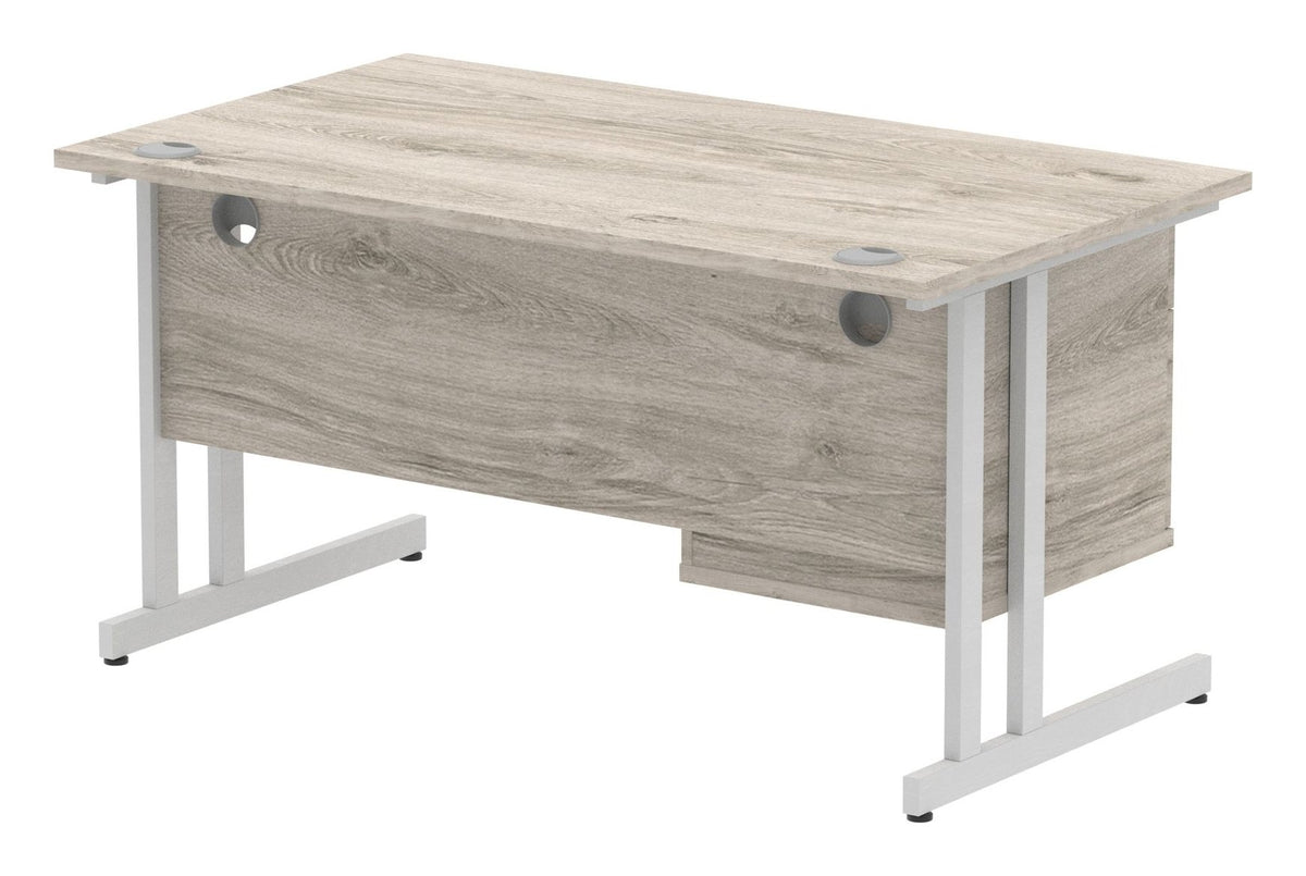 Impulse straight desk with cantilever legs and fixed pedestal, 1400 x 800, 2 drawer pedestal, silver frame, grey oak top, another view 4