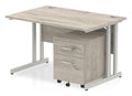 Impulse straight desk with cantilever legs and mobile pedestal, 1200 x 800, 2 drawer pedestal, silver frame, grey oak top