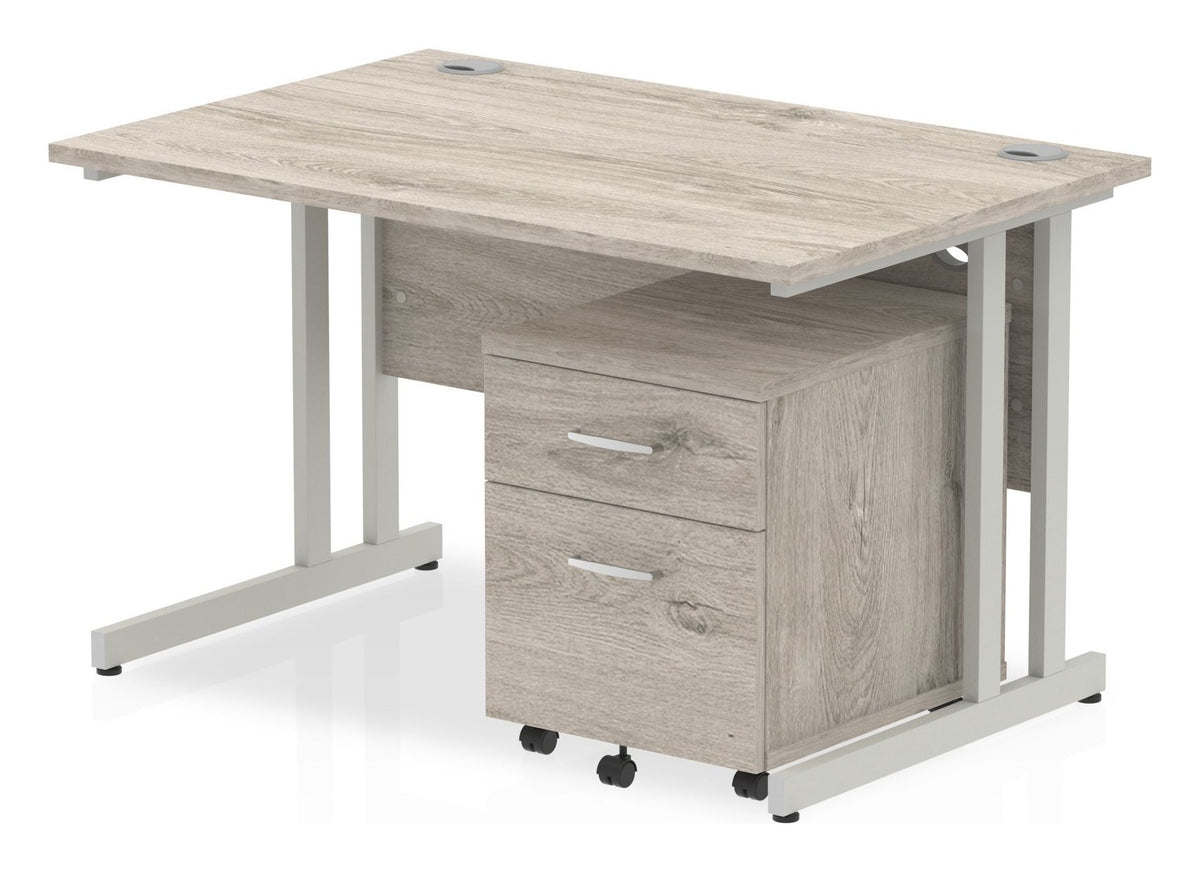 Impulse straight desk with cantilever legs and mobile pedestal, 1200 x 800, 2 drawer pedestal, silver frame, grey oak top