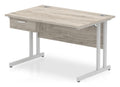 Impulse straight desk with cantilever legs and a one drawer pedestal, 1200mm wide, silver frame, grey oak top
